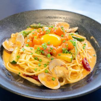 Salmon Yukhoe, Zucchini and Okra Rosé Pasta