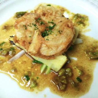 White shrimp galette with bamboo shoots and wild vegetable sauce