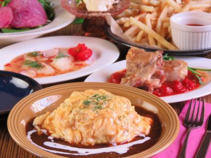 [Weekends, Holidays, and Night Cafe Course] Rokucafe Enjoyment Plan♪ Popular fluffy omelet rice. 1 drink included. 2700 yen