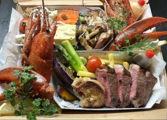 Assorted lobster and steak.