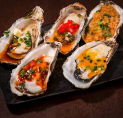 生牡蠣の殻焼き五点 五種味盛り合わせ
