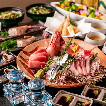 [3-Hour All-You-Can-Drink] Freshly Caught Seafood Platter, Chicken Tataki, Tempura, Low-Tempura Cooked Beef, Saikyo-yaki, and 11 other dishes - 6980 yen ⇒ 6000 yen