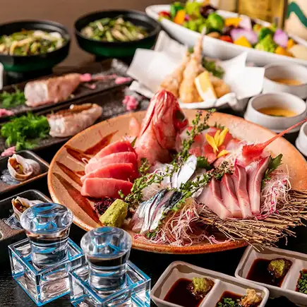 【３H飲放】朝採れ鮮魚大漁盛×種鶏タタキに天婦羅や低温調理牛、西京焼含全11品6980円⇒6000円