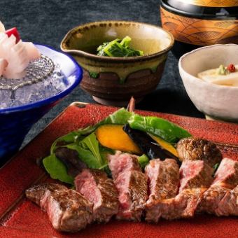 [Domestic Beef Steak Gozen] Steak lunch with an assortment of 3 types of sashimi