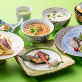 【季節会席～薫風会席～】北海道産 チカの天婦羅、鱧の湯引きと翡翠茄子などを楽しむ全8品