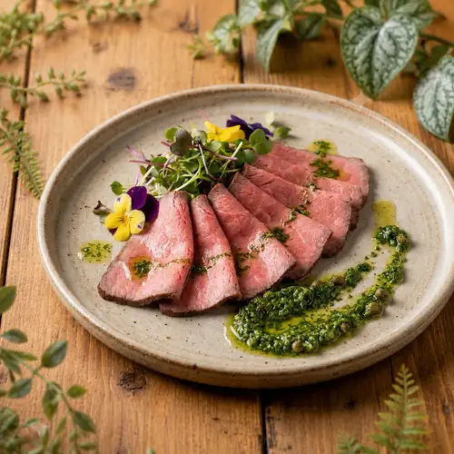 国産牛内もも肉のローストビーフ 山葵のバニェット