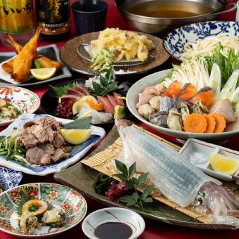 冬宴会【六(ろく)】活イカや海鮮ちゃんこ鍋、ふぐ唐揚げや牛タン葱塩焼き等《120分飲み放題付》