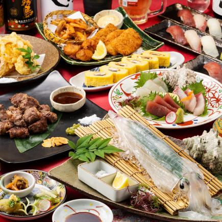 夏宴会【祇園(ぎおん)】活イカや造り3種、中落カルビや鰻出汁巻、寿司3貫等《120分飲み放題付》