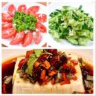 Chilled tomato with sugar, fresh cucumber with garlic, century egg tofu