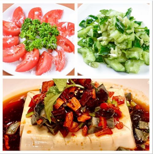 Chilled tomato with sugar, fresh cucumber with garlic, century egg tofu