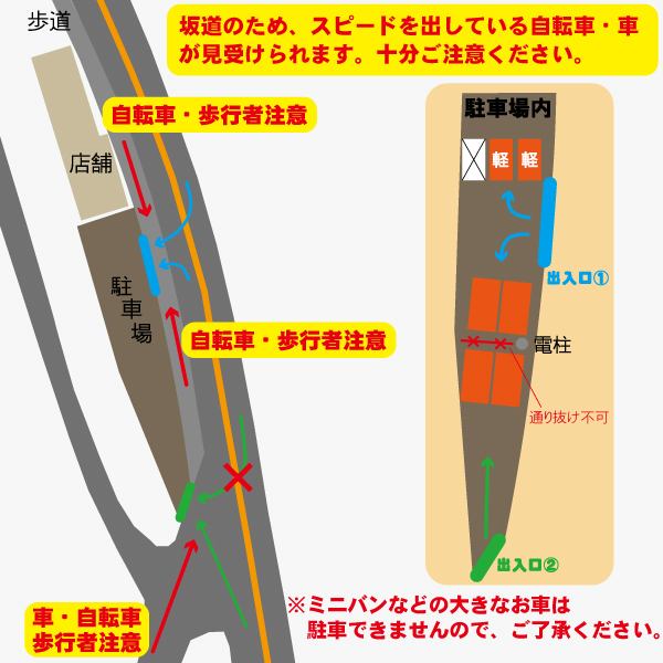 设有停车位（2 辆轻型车辆、4 辆普通车辆 ※无法容纳小型货车和其他大型车辆）。请注意，有两个入口和出口，但场地是分开的。如果您能每组共享一辆车，我们将不胜感激。感谢您的理解与合作。*如果您可以使用公共交通工具，我们将非常感激。