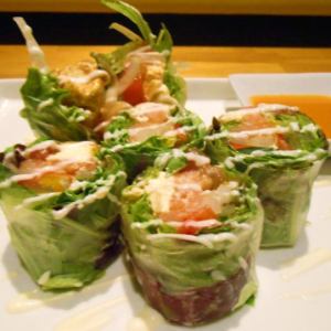 Cream cheese pickled in soy sauce and smoked salmon fresh spring rolls