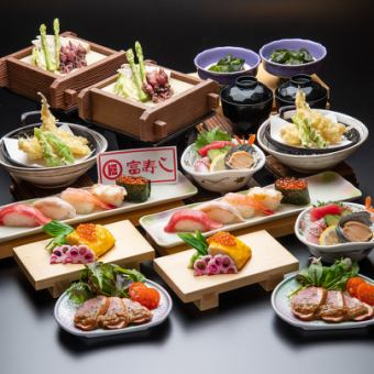 【宴会套餐6,000日元（含税）】三大美味的烤红鲷鱼、中肥握寿司5片等♪8道菜品+2小时无限畅饮