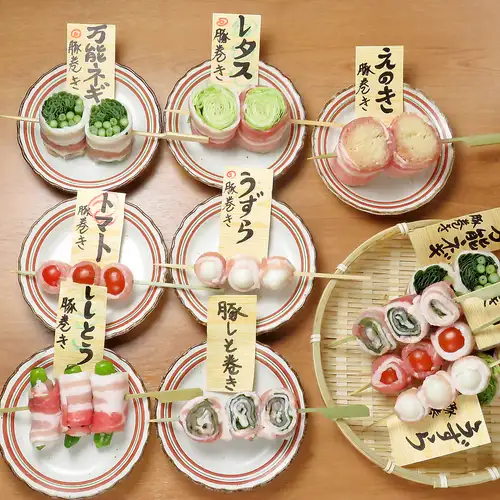 The cross-section is visually appealing! A healthy specialty: "Vegetable-Wrapped Skewers" made with fresh vegetables.