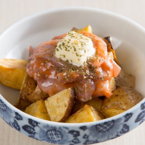 Fried potatoes, salted squid and butter