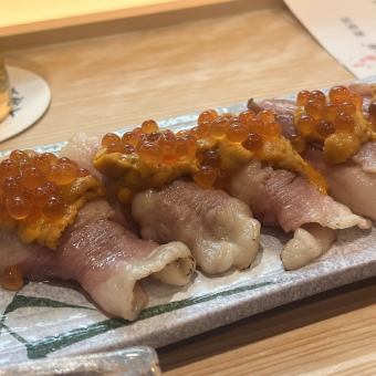 【黒毛和牛コウネのウニイクラ】の握りが付いた120分飲み放題付きプレミア宴会コース 8000円税込