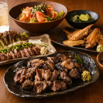 J【3時間飲み放題付】地鶏炙りと名古屋名物を堪能◎肉皿付き全9品【5000円】金土祝前日は2時間制