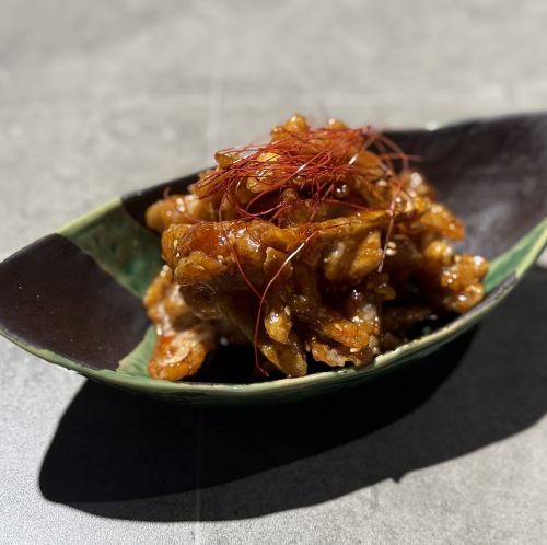 Deep fried chicken skin and burdock