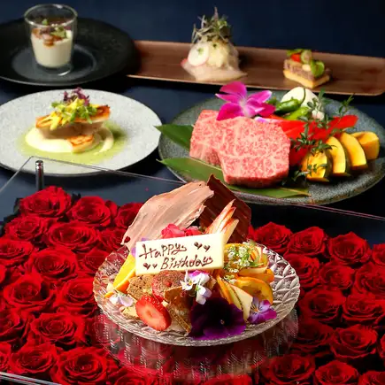 [Celebration] 7-course meal featuring two types of Wagyu beef + 2 drinks & mini bouquet/flower box dessert: 14,000 yen