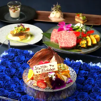 【プロポーズ結】オマール海老＆和牛2種 全7品＋ドリンク2杯・赤バラ12本・メッセージ付18,000円