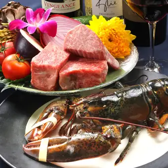 【燦】オマール海老・A5仙台牛ロースなど全7品＋ソムリエ厳選ワイン含む120分飲み放題18500円