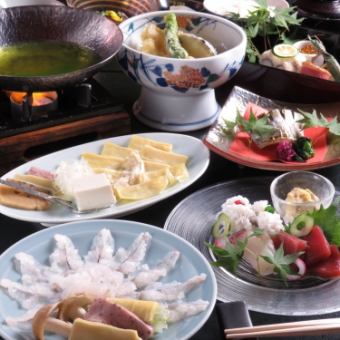 [Pontocho Kaiseki] Seasonal kaiseki cuisine including seared conger eel, conger eel shabu-shabu, and young sweetfish grilled in a clear stream.