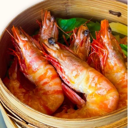 有頭海老と青梗菜のせいろ蒸し