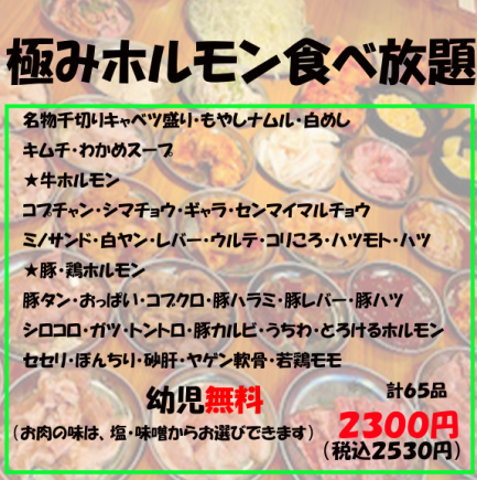 【大好評♪】極みホルモン食べ放題 計65品2530円(税込)コース＋お得！サワー飲み放題+1000円(込)