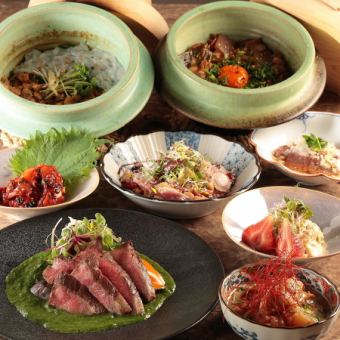 【120分飲み放題付◎】 MONコース 前菜、なにわ黒牛、近江鴨カルパッチョ、土鍋ご飯など 全7品