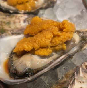 Shelled oysters grilled with sea urchin butter and topped with fresh sea urchin 1PC