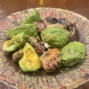 Octopus and avocado marinated in wasabi and soy sauce