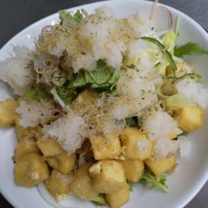 Fried small fish and tofu salad