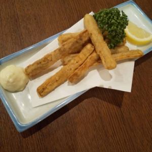 Deep fried burdock root / chicken skin with ponzu sauce