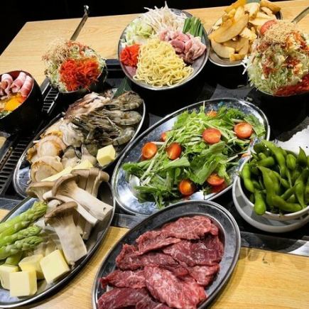 【2H飲放題付】もんじゃとお好み焼が選べる♪海鮮盛と〆のチャーハンを堪能!5500円(税込)