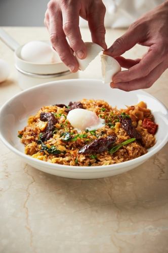 Rich fried rice with beef skirt steak and soft-boiled egg (photo below)