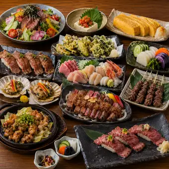【プレミアムコース】厳選牛,朝〆鮮魚を堪能!!3H飲み放題付6000円⇒5000円