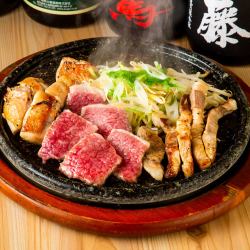 [Sakurajima lava grilled platter] Kagoshima's proud 3 blacks.Made with Japanese black beef, black pork, and black satsuma chicken