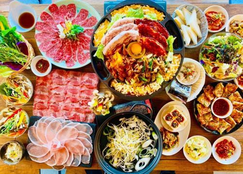 【3小时自助畅饮】牛舌&猪肉涮涮锅和韩国奶酪烤肉同时享用！豪华合作套餐