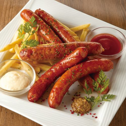 Assortment of 3 types of sausage and french fries