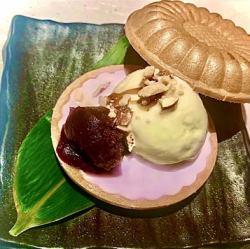 Monaka with red bean paste, cream and salted milk ice cream
