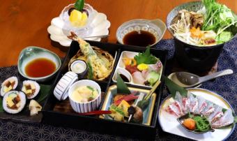 【松花堂会席】天ぷら盛り合わせやお造り3種盛り合わせなど含む全7品3850円(税込)