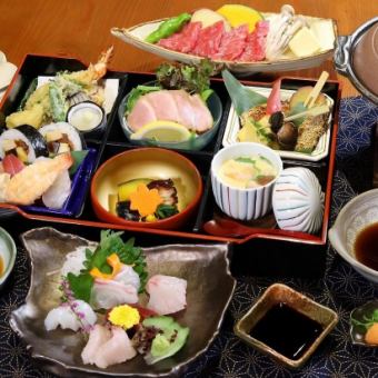 【松花堂御膳】和牛陶板焼やにぎり寿司と福巻ずしなど含む全9品6050円(税込)