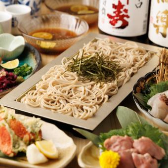 "Matsu" course featuring our famous Nihachi soba noodles and seasonal tempura - 2.5 hours of all-you-can-drink, 8 dishes total, 6,000 yen ⇒ 5,000 yen