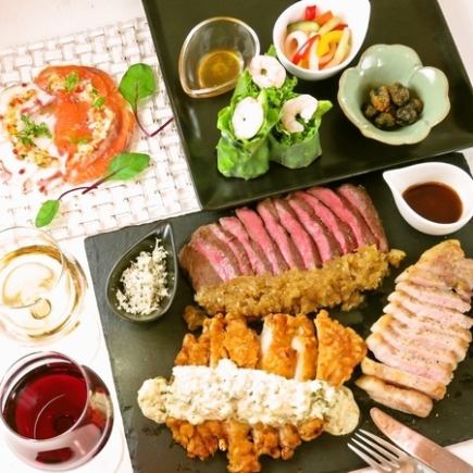 【“肉”三昧コース♪】鶏＆牛＆豚の三種盛は激アツ♪生＆厳選果実酒含２ｈ飲付6600円