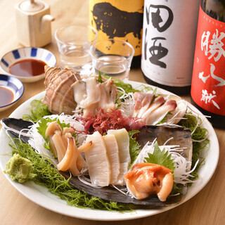 120分飲み放題付き【縁コース】日本酒80銘柄/酒菜盛り合わせ、刺身3点盛り、焼き貝3点盛り