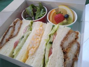 午餐盒魚片和雞蛋蔬菜三明治配水果和沙拉