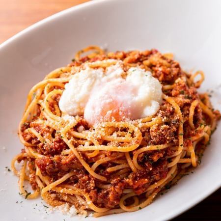 Specially made hot egg topped bolognese