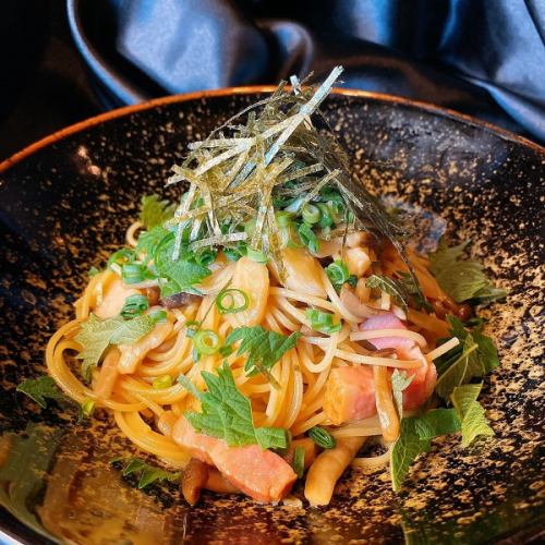 Japanese-style pasta with bacon, mushrooms and shiso leaves