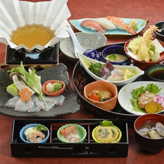 Lunch Basket Set [Fuga] Sea bream shabu-shabu, sashimi platter, sushi platter, tempura, etc. (Drink bar included)