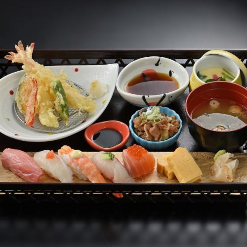 Sushi and tempura set meal with medium fatty tuna